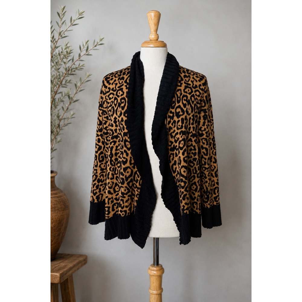 GUESS Leopard Print Long Cardigan Black Shawl Collar Mob Wife Glam Large